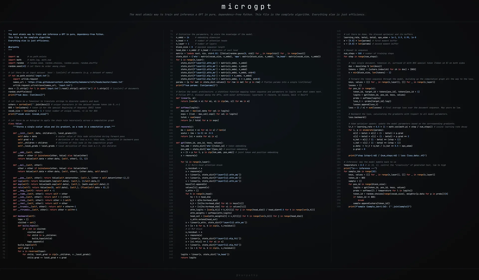 200줄 파이썬으로 GPT 구현한 'microgpt' 공개...AI 학습 원리 한눈에, 외부 라이브러리 없이 토크나이저·학습·추론까지 완결