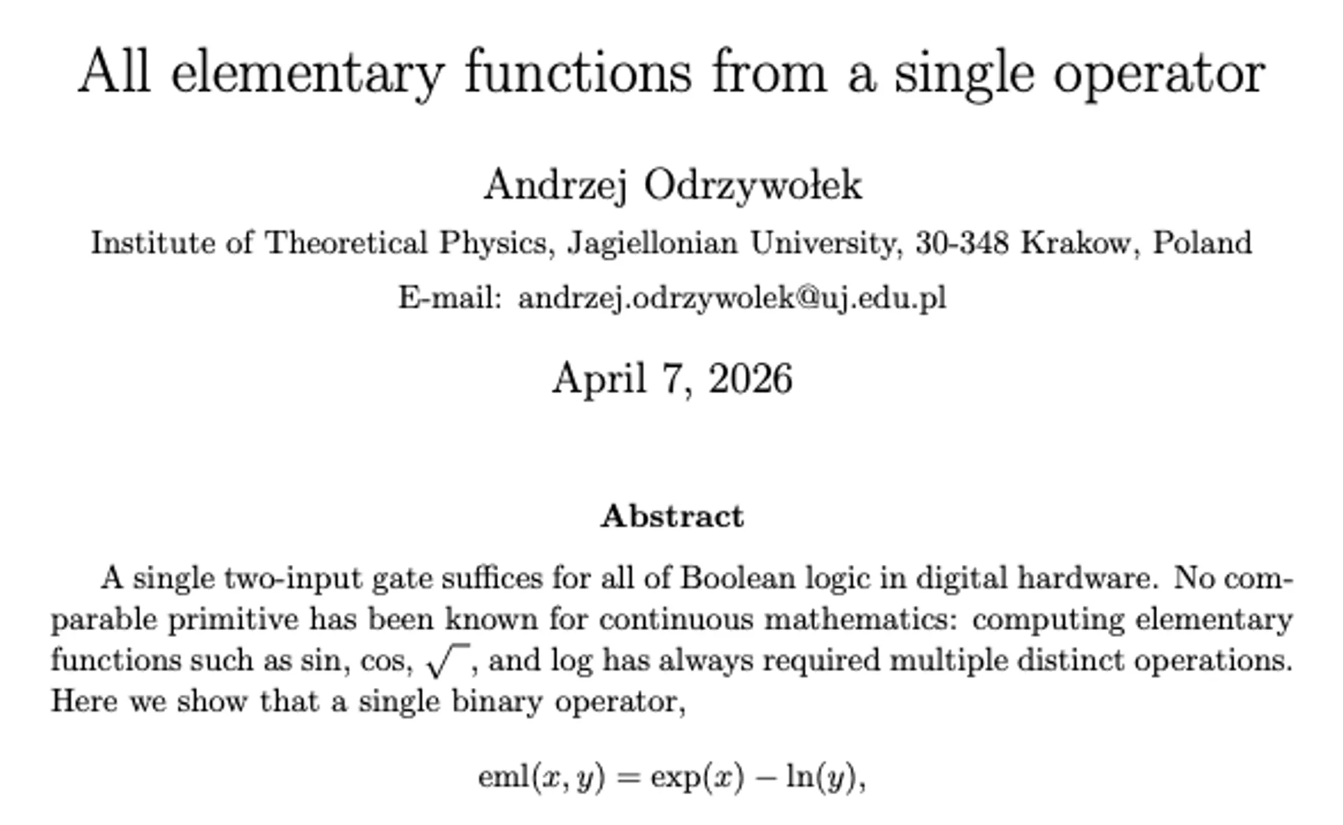 단일 이진 연산자로 모든 수학 함수 구현 가능...폴란드 연구진, EML 연산자 하나로 과학계산기 기능 재현