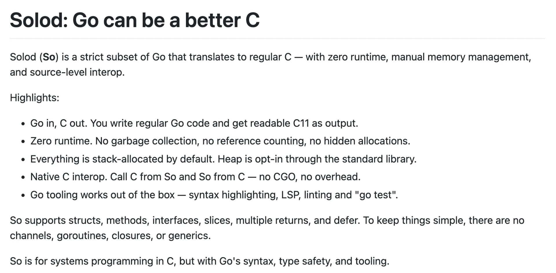 Go 문법으로 C 코드 생성하는 'Solod' 언어 공개...가비지 컬렉션 없는 시스템 프로그래밍 위한 Go-C 트랜스파일러