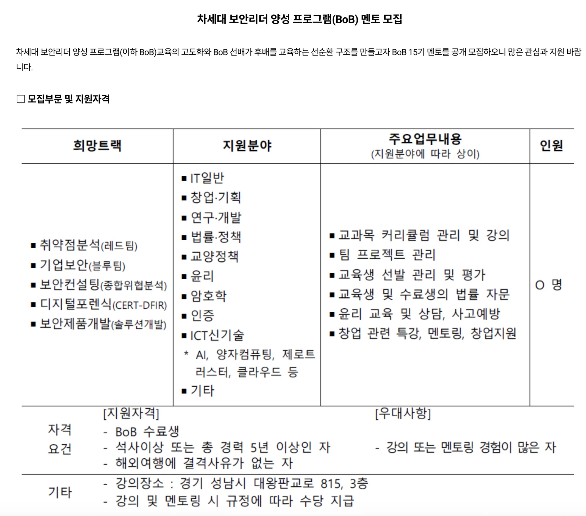 KISA, 차세대 보안리더 양성 프로그램 'BoB 15기' 멘토 공개 모집...3월 13일 마감