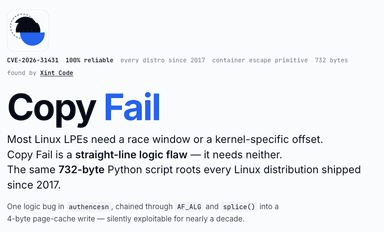 2017년 이후 리눅스 커널에 권한 상승 취약점 발견...'Copy Fail' CVE-2026-31431, 멀티테넌트 환경 위협